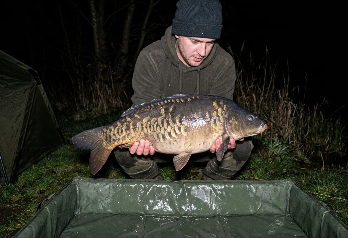 Example catch photo: an angler kneeling at night holds a mirror carp low over the mat