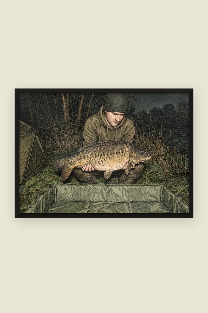 AI-made example: an invented angler's catch photo of a mirror carp in the field plate style, printed as a landscape poster in a black frame