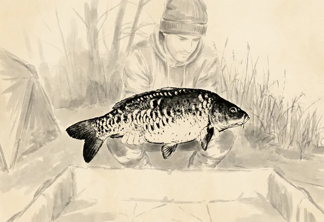 The mirror carp as an ink rubbing: a black ink fish on pale paper with the scene drawn faintly behind