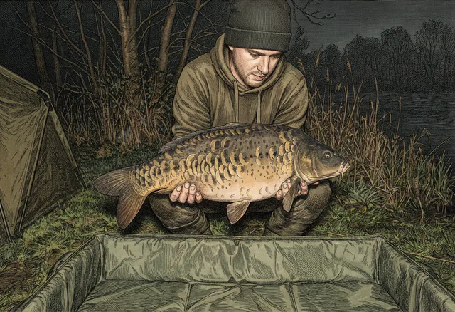 The mirror carp as a field plate: engraved line and soft colour, like a Victorian natural-history plate